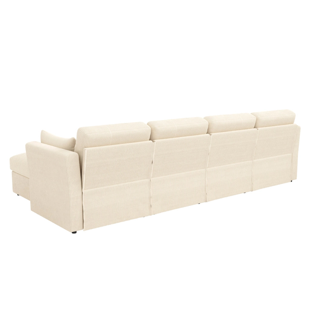 Divano angolare modulare a U in velluto a coste beige con pouf e braccioli regolabili