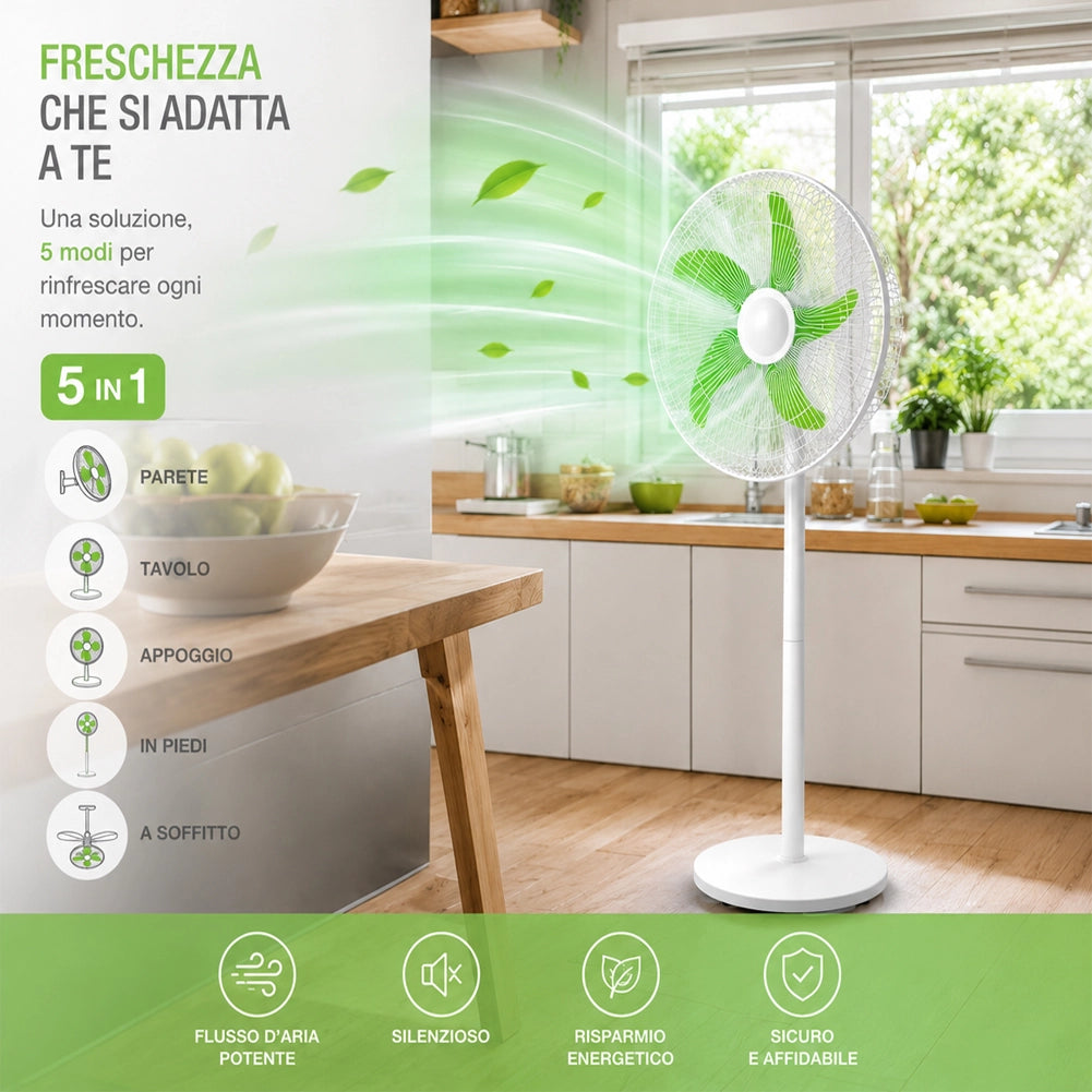 Ventilatore Ricaricabile 5 in 1 Telecomando da Parete Appoggio Piantana Soffitto