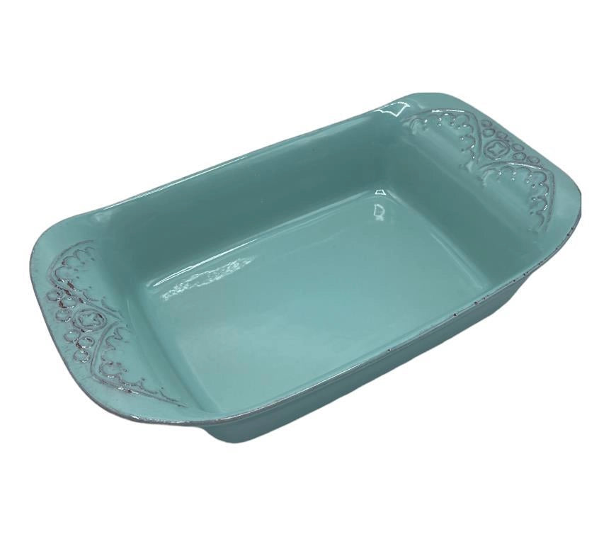 Insalatiera Pirofila Rettangolare in Ceramica Verde Acqua con Decori 35 cm