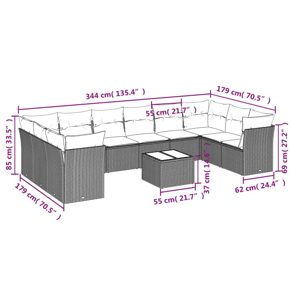 Set Divani da Giardino 11 pz con Cuscini in Polyrattan Grigio 3250049