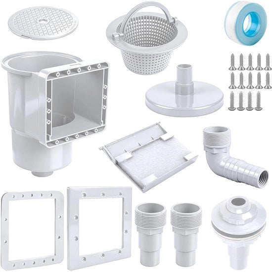 Skimmer 9-delig per Wandskimmer con aspiratore - Grande Skimmer con mandibola - Connetti con tubo 32/38 mm - Per vasche idromassaggi esterne - Incluso sigillo per parete in acciaio - Skimmer per vasche idromassaggi