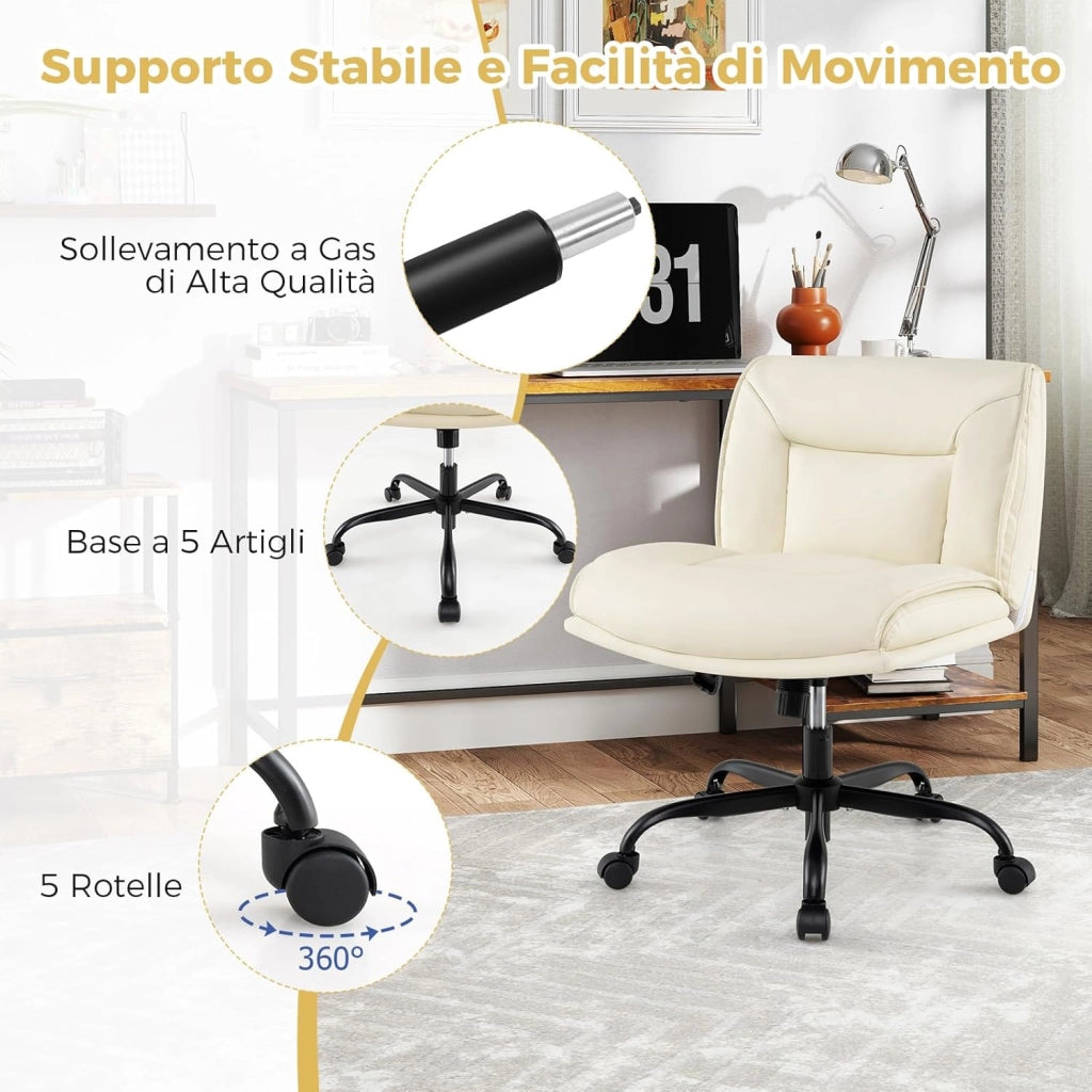 Sedia Ufficio con Ruote, Sedia da Scrivania Senza Braccioli con Schienale e Sedile Ampi, Altezza Regolabile, Meccanismo a Gas, Girevole a 360°, Portata 150 kg
