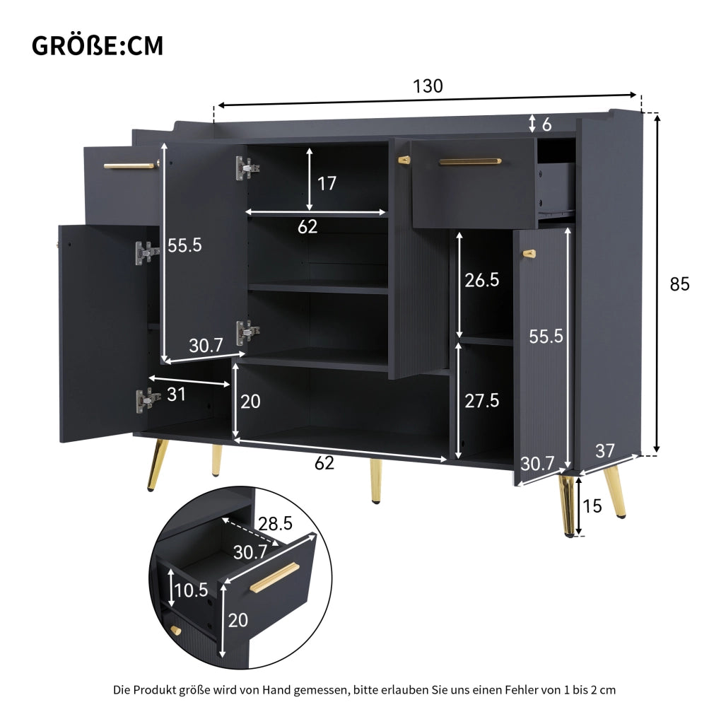 Scarpiera con 2 cassetti; 4 ante e vano aperto; 130x37x100 cm; nero