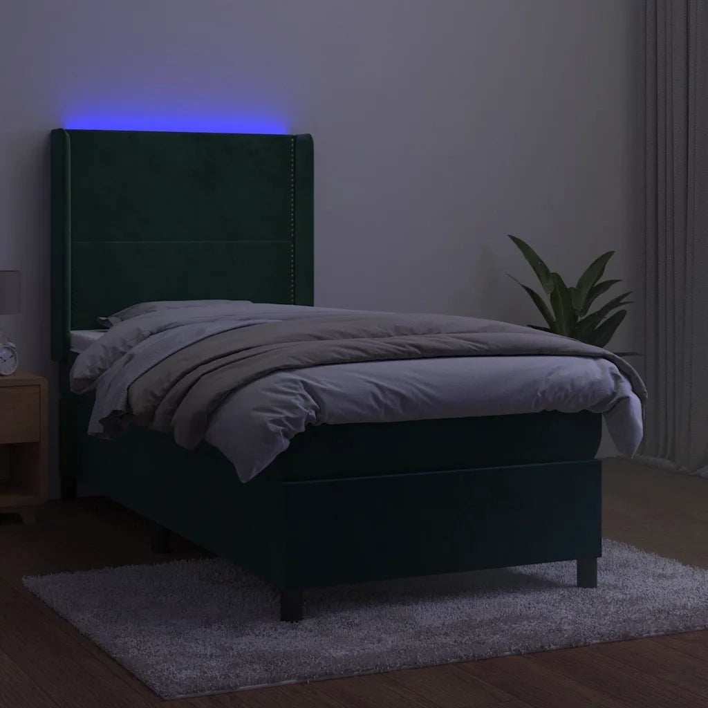 Letto a Molle con Materasso e LED Verde Scuro 90x200cm Velluto 3139484
