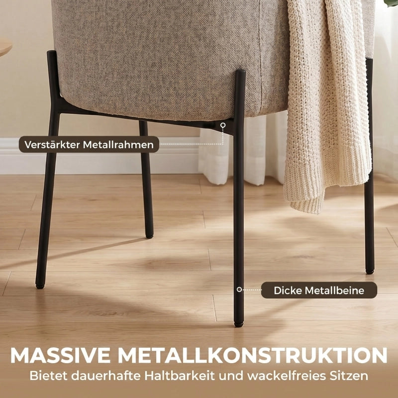 Poltrona da salotto con rivestimento effetto ciniglia, braccioli e gambe in metallo, ideale per camera da letto, colore marrone chiaro.