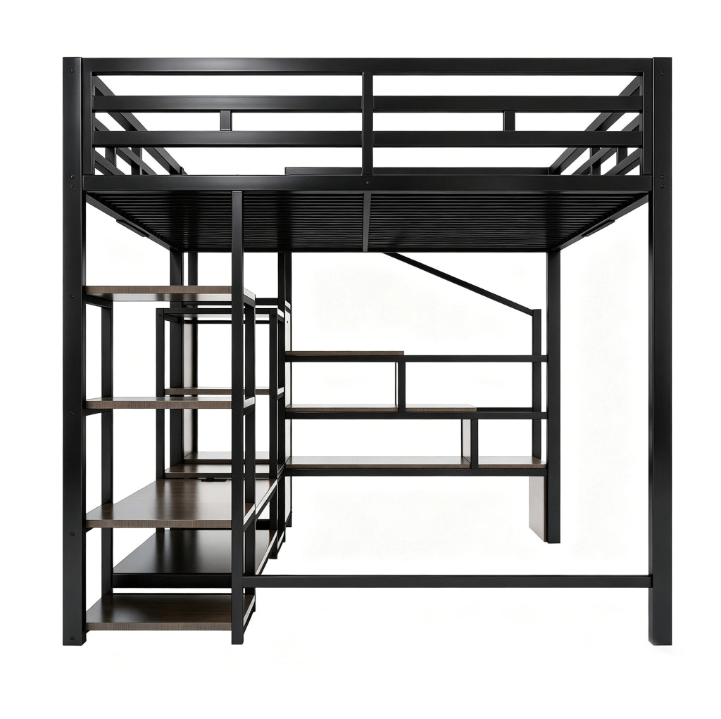 Letto a soppalco 140x200 cm con supporto TV e presa integrata; metallo e MDF; nero