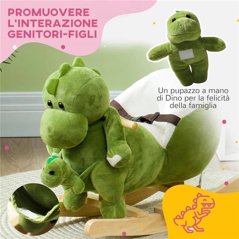 CAVALLO A DONDOLO PER BAMBINI 18-36 MESI A DINOSAURO CON SUONI E RIVESTIMENTO MORBIDO 62X33X45 CM VERDE