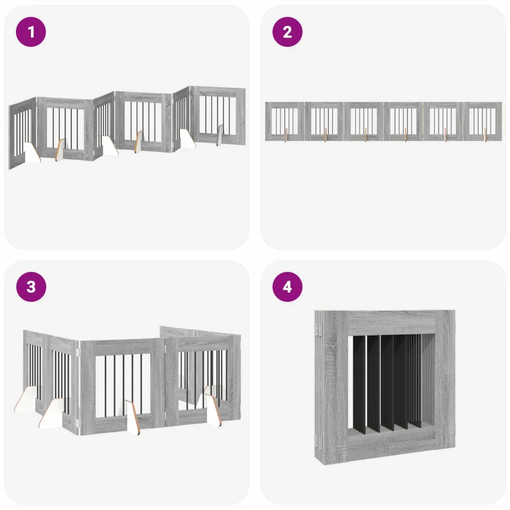 Cancello per cani pieghevole con supporti 6 pcs Grigio Sonoma 892160