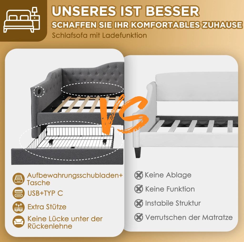 Letto singolo a daybed 90x200 cm in tessuto lino grigio con USB Type C e 2 cassetti