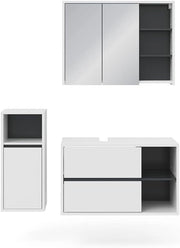 Set mobili bagno Viola, Bianco, 100 cm, composto da mobile sottolavabo, specchiera e mobile medio