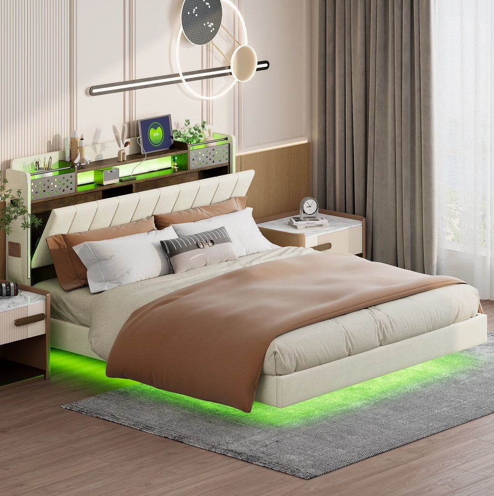 Letto matrimoniale imbottito 160x200 cm beige con LED e USB