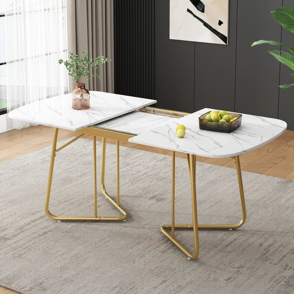 Tavolo allungabile da pranzo in MDF effetto marmo bianco con gambe in metallo dorato per sala da pranzo moderno