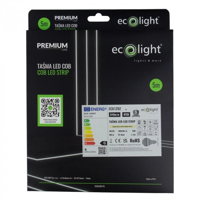Striscia LED COB 480 24V 9W/m 3000K 5m IP20 taglio libero