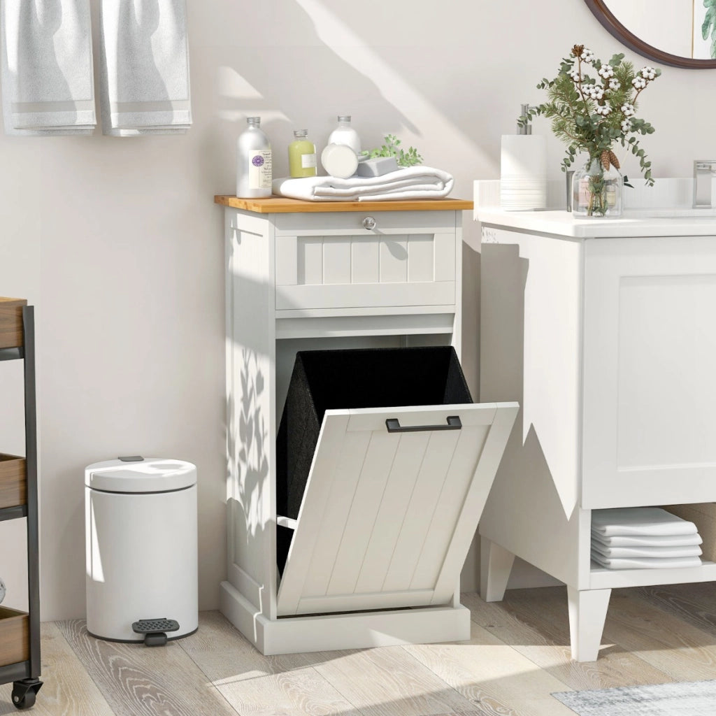 Mobiletto per lavanderia con cesto, Cesto per biancheria a ribalta autoportante con cassetto 40x37x82cm Bianco-Cesti del bucato