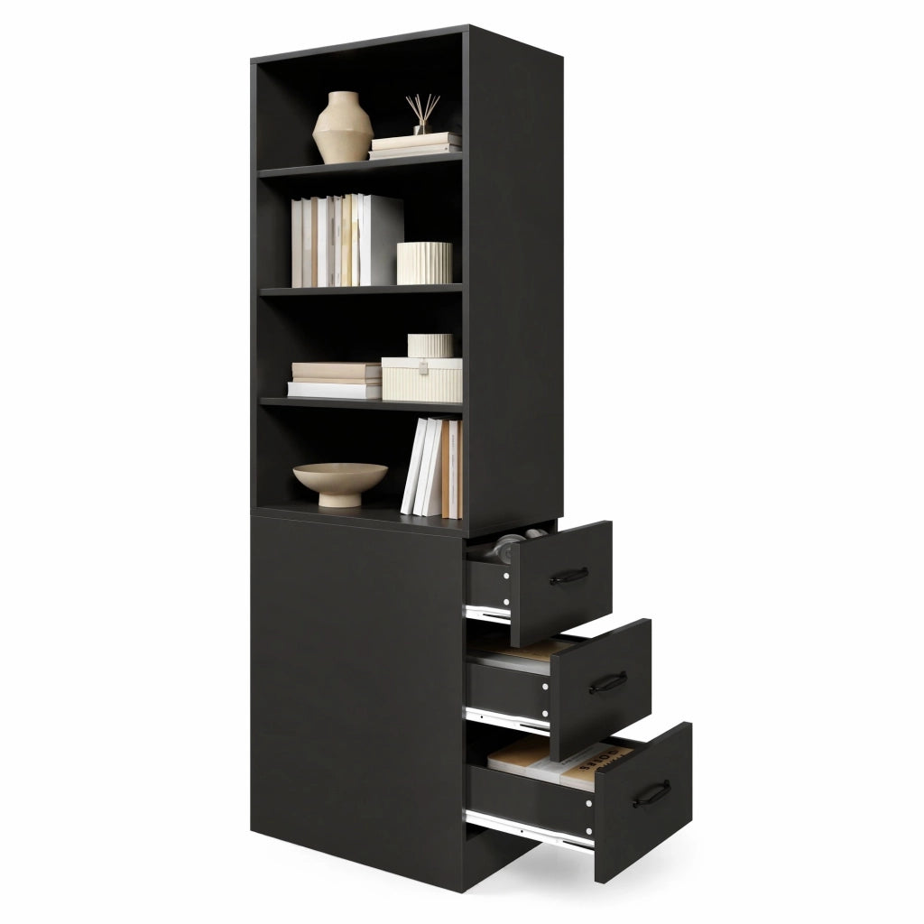 Libreria alta e stretta 180 cm con cassetti laterali, 4 vani aperti e ripiani regolabili, colore nero