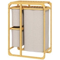 Cestino Portabiancheria in Bambù con 3 Sacchi e Ripiani in Tessuto, 50x32x69.7 cm, color Bambù e Crema