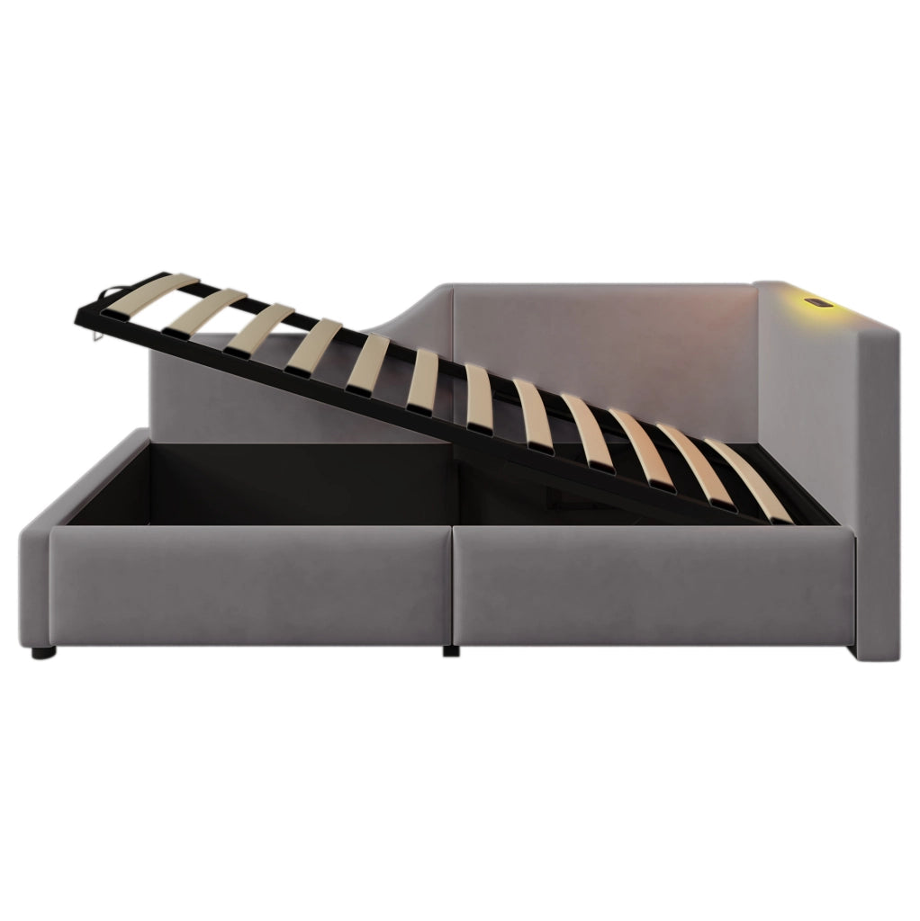 Letto a giorno 90x190 cm con contenitore; lampada da lettura e USB C; velluto grigio