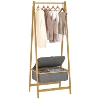 Stender per Abiti Pieghevole in Bambù con Cesto di Stoffa con Coperchio per Ingresso Camera da Letto 60x44,5x157,5 cm Grigio