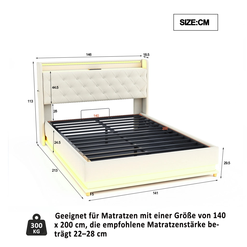 LETTO imbottito LED 140x200 cm beige con USB e vano contenitore idraulico