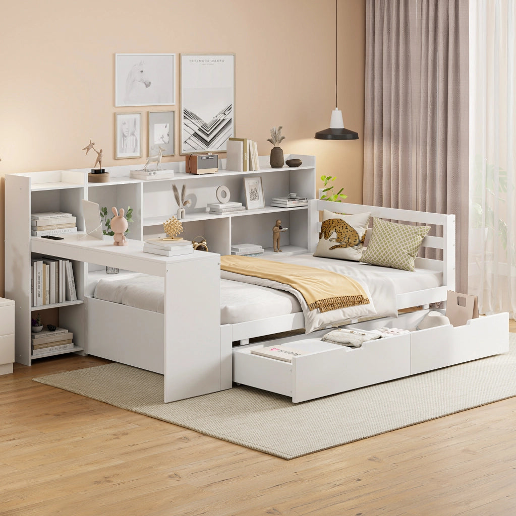 Letto 90x200 cm multifunzionale con scrivania e presa in legno bianco