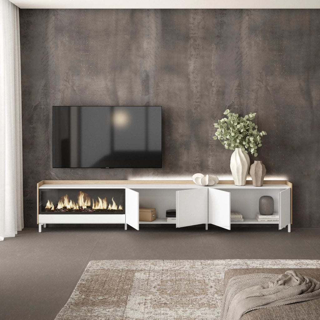 Mobile TV Soggiorno, 315x61x35 cm, Per TV fino a 80", Camino elettrico XXL, Design industriale, LED, Bianco e Rovere soft