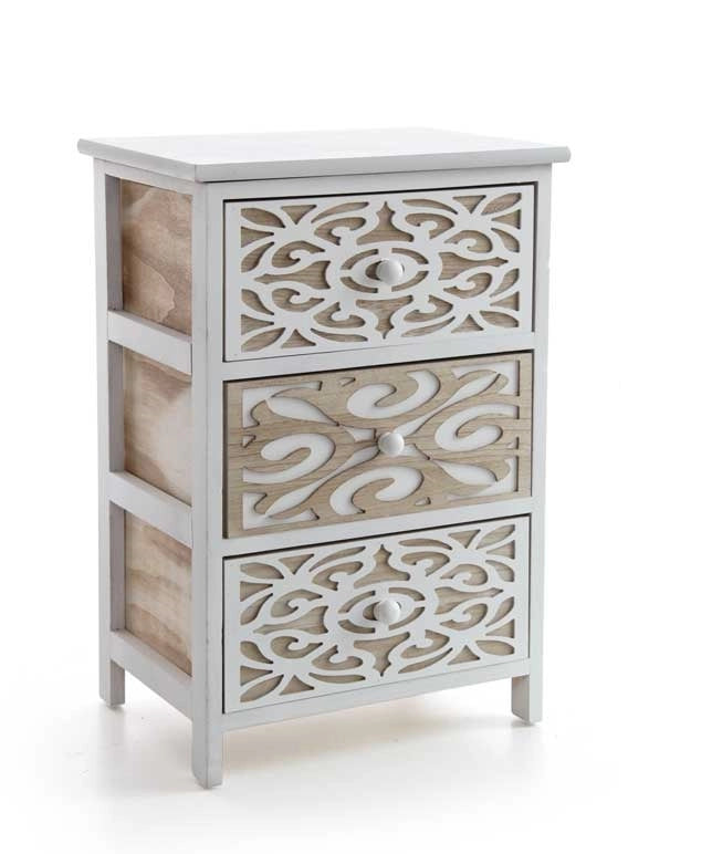 CASSETTIERA DA ARREDO DECORATA CON 3 CASSETTI 40X29X58 CM LEGNO E BIANCO