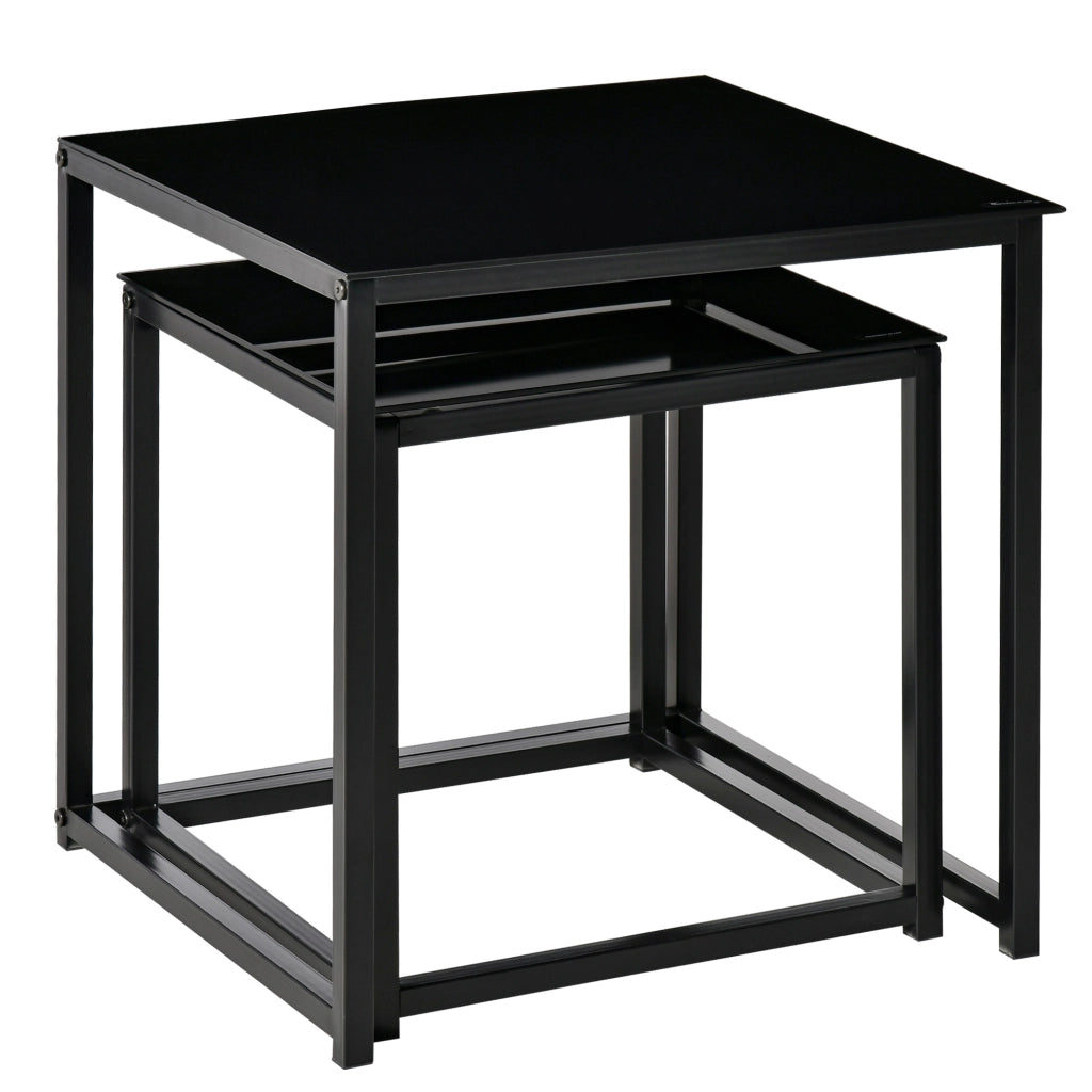 Set 2 Tavolini da Salotto Quadrati Moderni, in Acciaio e Vetro Temperato, Nero