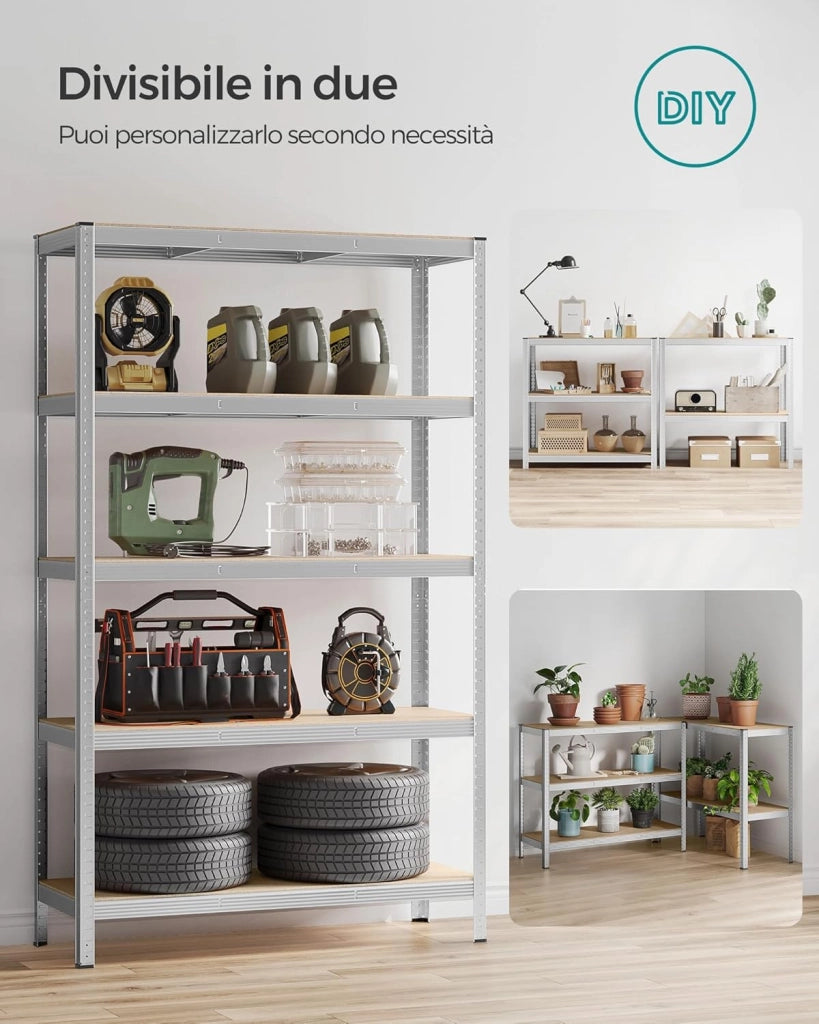 SONGMICS Scaffalatura a 5 Ripiani, Scaffale in Acciaio, Montaggio Senza Viti, Utensili, Strumenti in Garage, Magazzino, Ripostiglio, Portante 750 kg, 60 x 120 x 200 cm, Argento GLR060E01