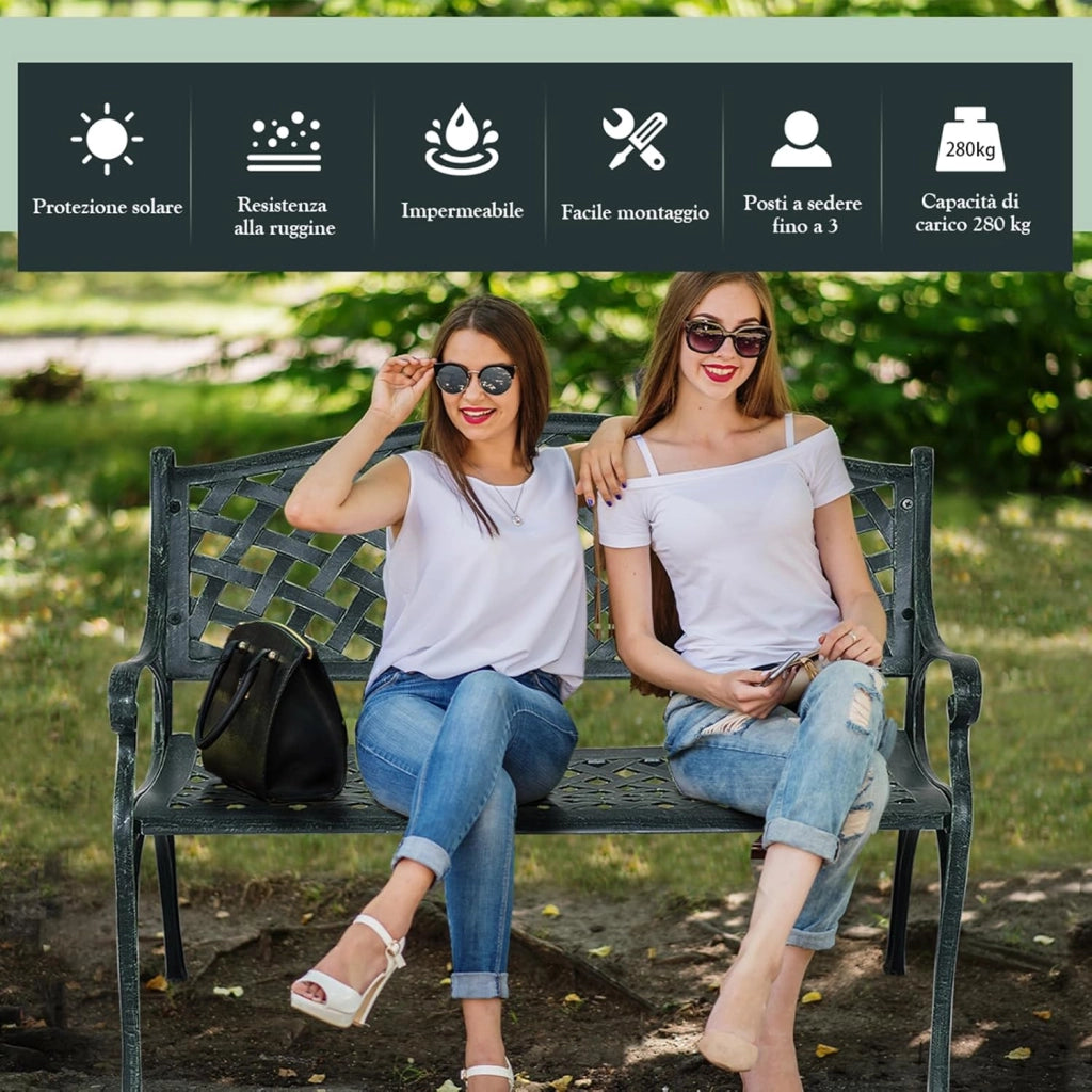 Panchina da Esterno, Panca di Metallo con Schienale Squisito, Braccioli Ergonomici e Sedile Ampio, Panchina da Giardino, Balcone e Cortile, 103 x 55 x 82 cm