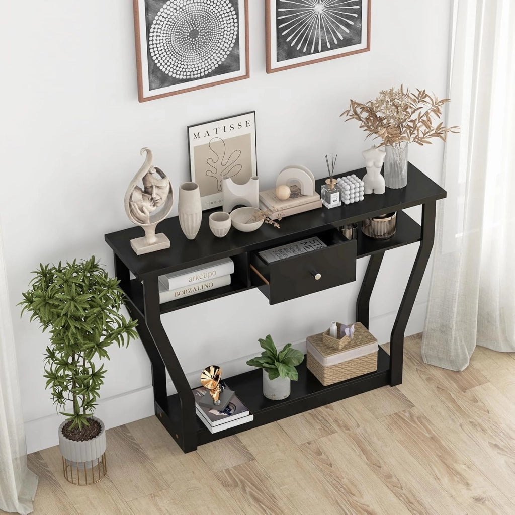 Tavolo Consolle in Legno, Consolle con Cassetto e Ripiani, Tavolo d'Ingresso Multiuso per Salotto, Corridoio e Entrata 120 x 30 x 81 cm (Nero)
