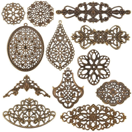 Accessori per gioielli in bron antico - 120 pezzi - 12 stili - grappe in acciaio - componenti per creare gioielli - forme miste - parti per gioielli