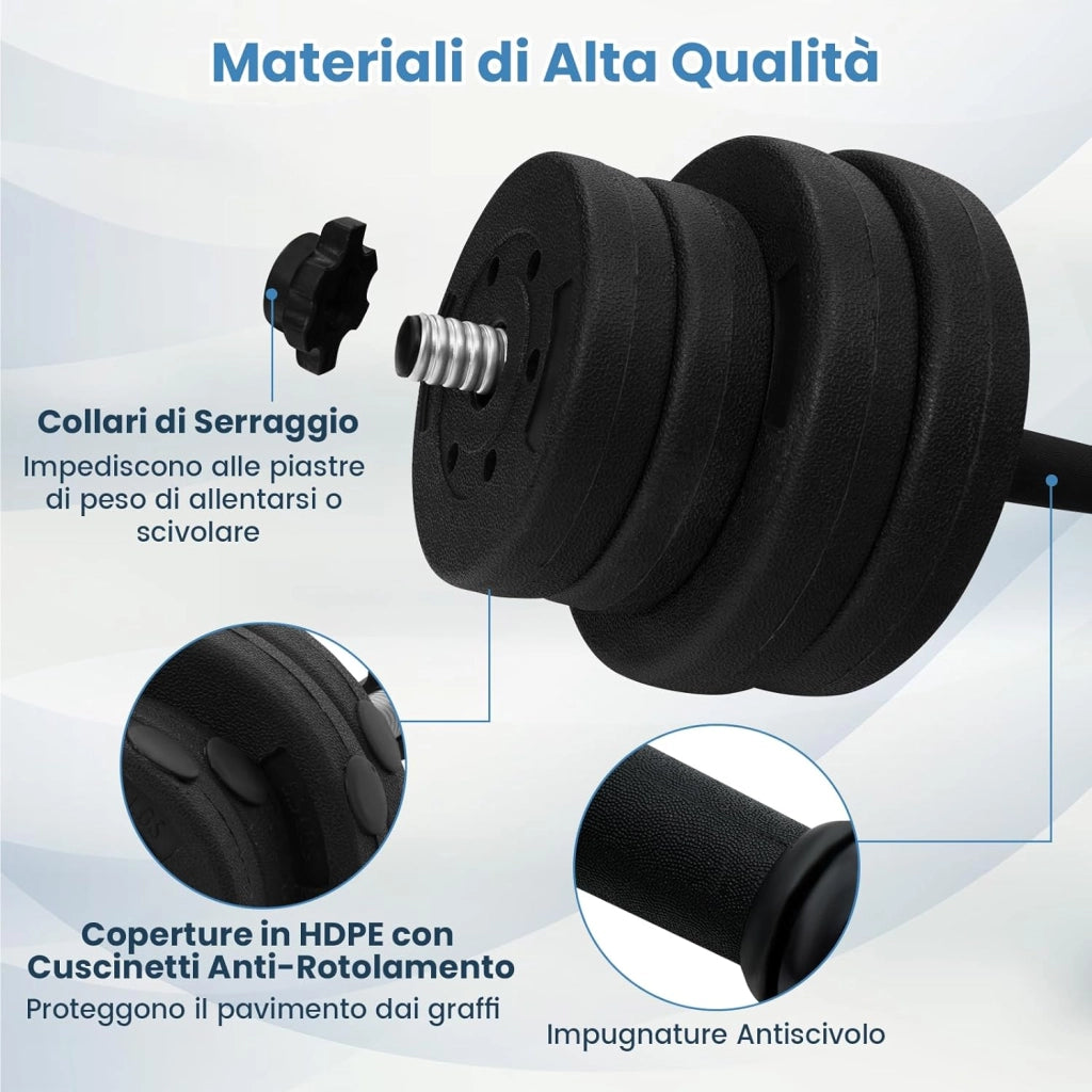 Set di 2 Manubri Regolabili 30 Kg, Bilanciere da Palestra con Barra di Collegamento e Copertura Protettiva in Gomma, Attrezzature per Allenamento a Casa