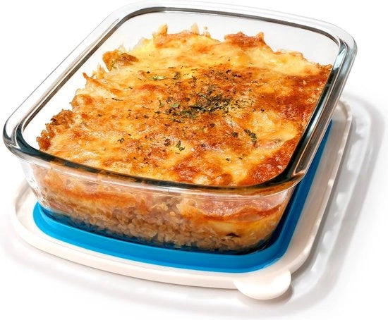 Scatola rettangolare in vetro per lasagna, 1,25 litri, con coperchio in plastica BPA-free, 16 x 23 cm, resistente al forno