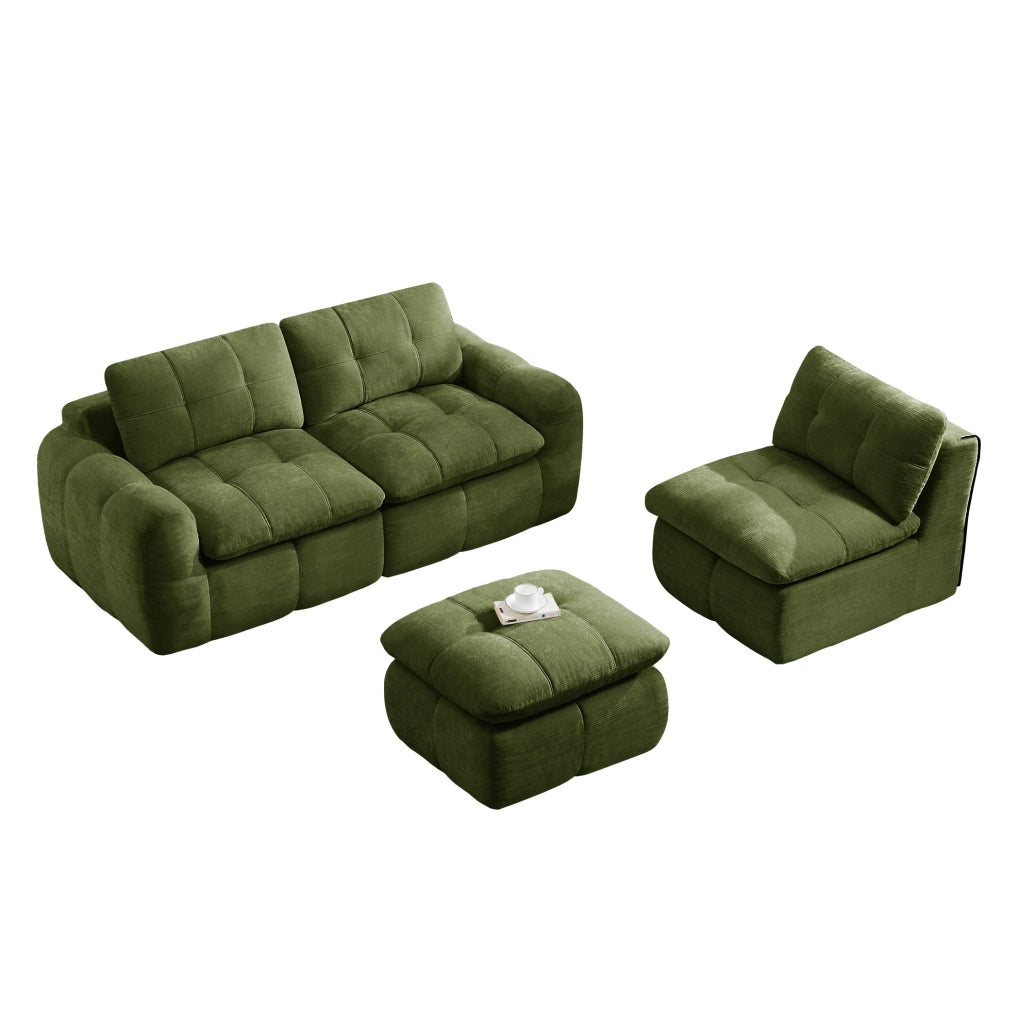 Divano modulare angolare 3 posti con pouf 264x160x68 cm in chenille verde
