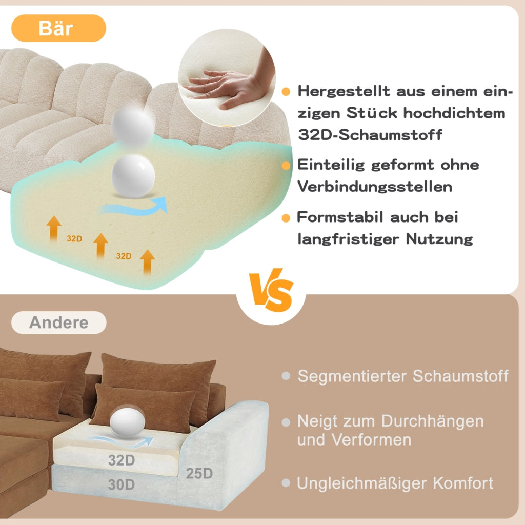 Divano angolare modulare senza struttura 366x104x79 cm in fleece granulare beige bianco