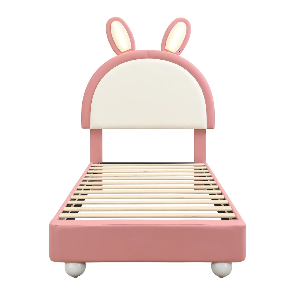 Letto per bambini 90 × 200 cm con testiera a coniglio, LED, bordo anticolpo morbido, senza materasso, rosa