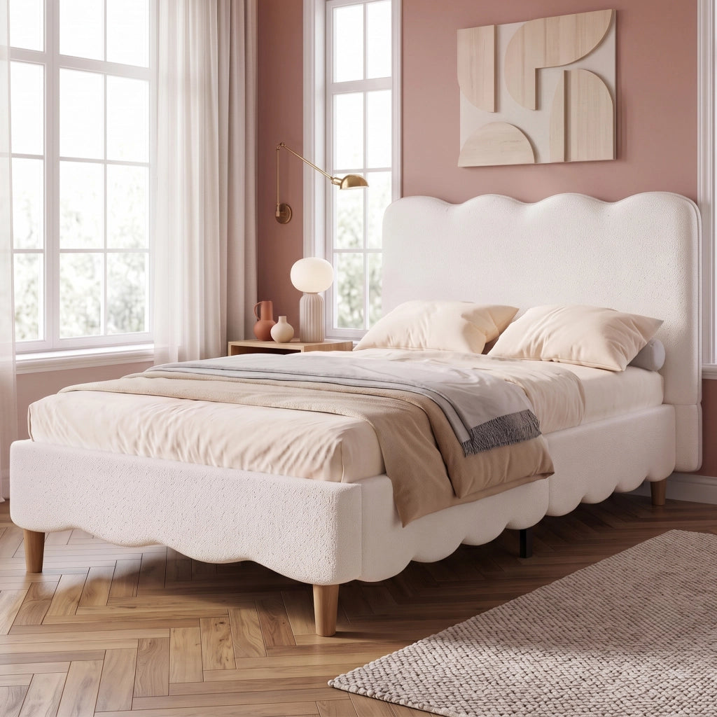 Letto singolo 90x200 cm in bouclé bianco con rete a doghe, testiera imbottita e gambe in legno massello