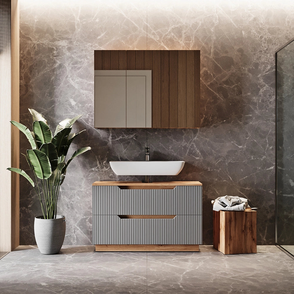 Vicco Set di mobili da bagno Rovere/grigio a righe 2 parti