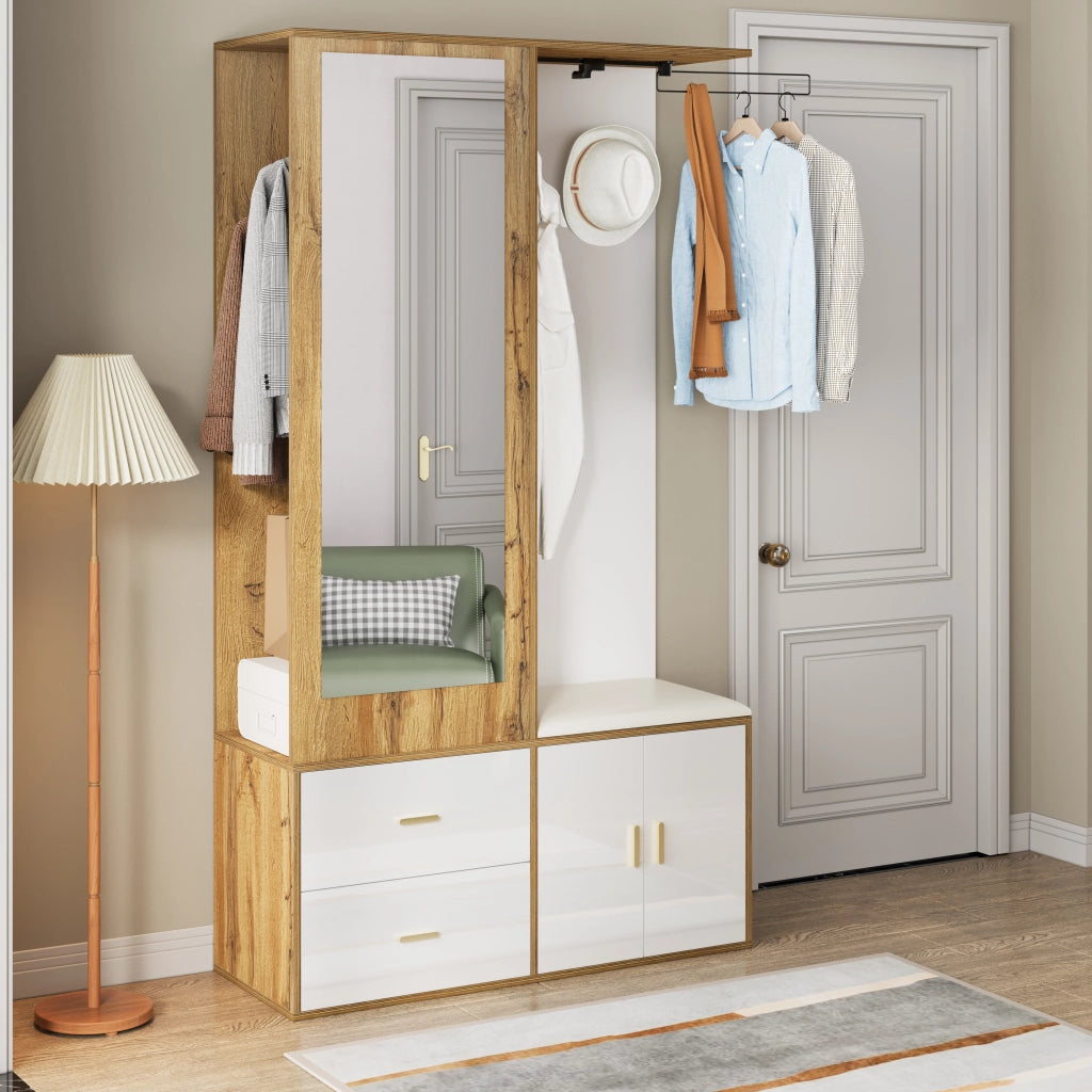 Mobile Ingresso con Specchio; Panca Scarpiera e Armadio Scarpiera con Barra Estraibile; 2 Ganci; Stile Moderno; in Truciolare; 100??38??180 cm; Bianco Naturale