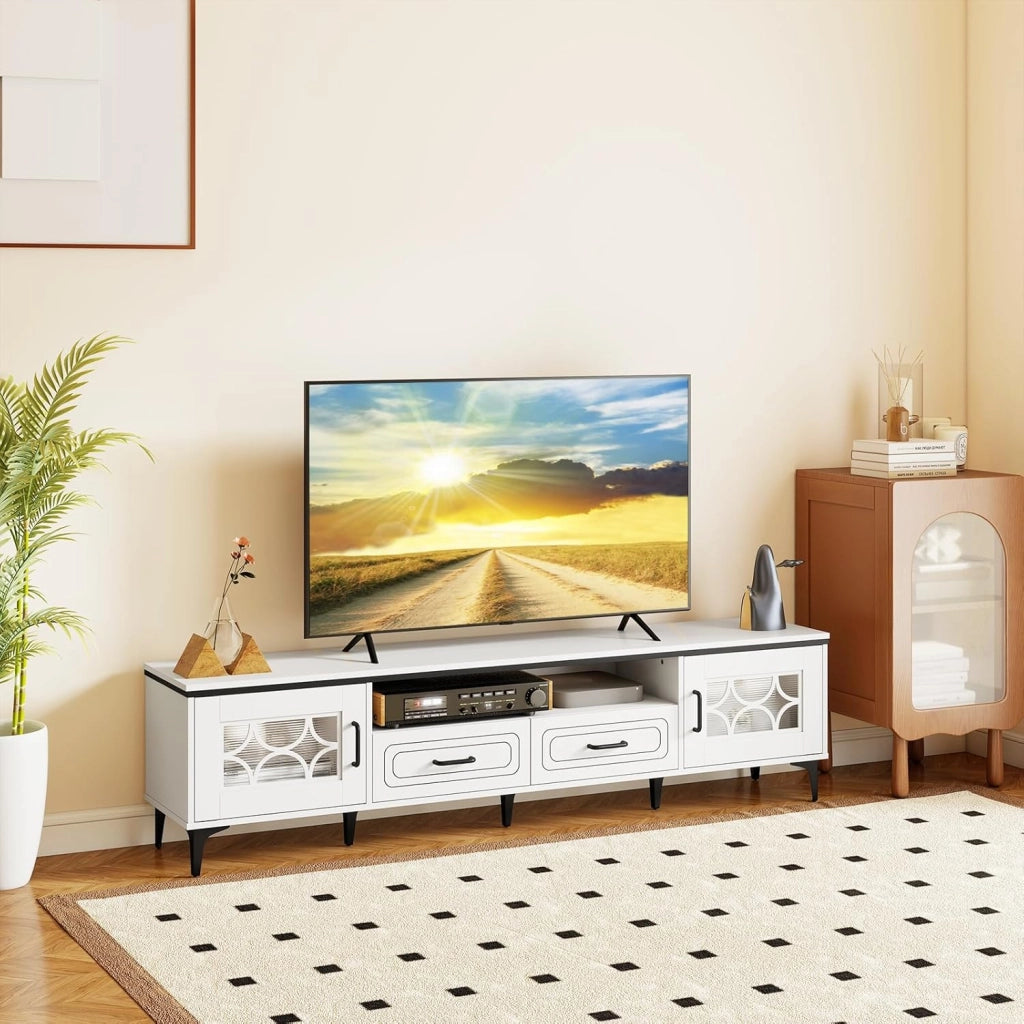 Mobile TV basso per TV fino a 80 pollici, Panca TV, 2 Armadietto con porta e ripiani aperti, Mobile telle con 2 cassetti e foro dei cavi, 180,5 x 35 x 46 cm (bianco)