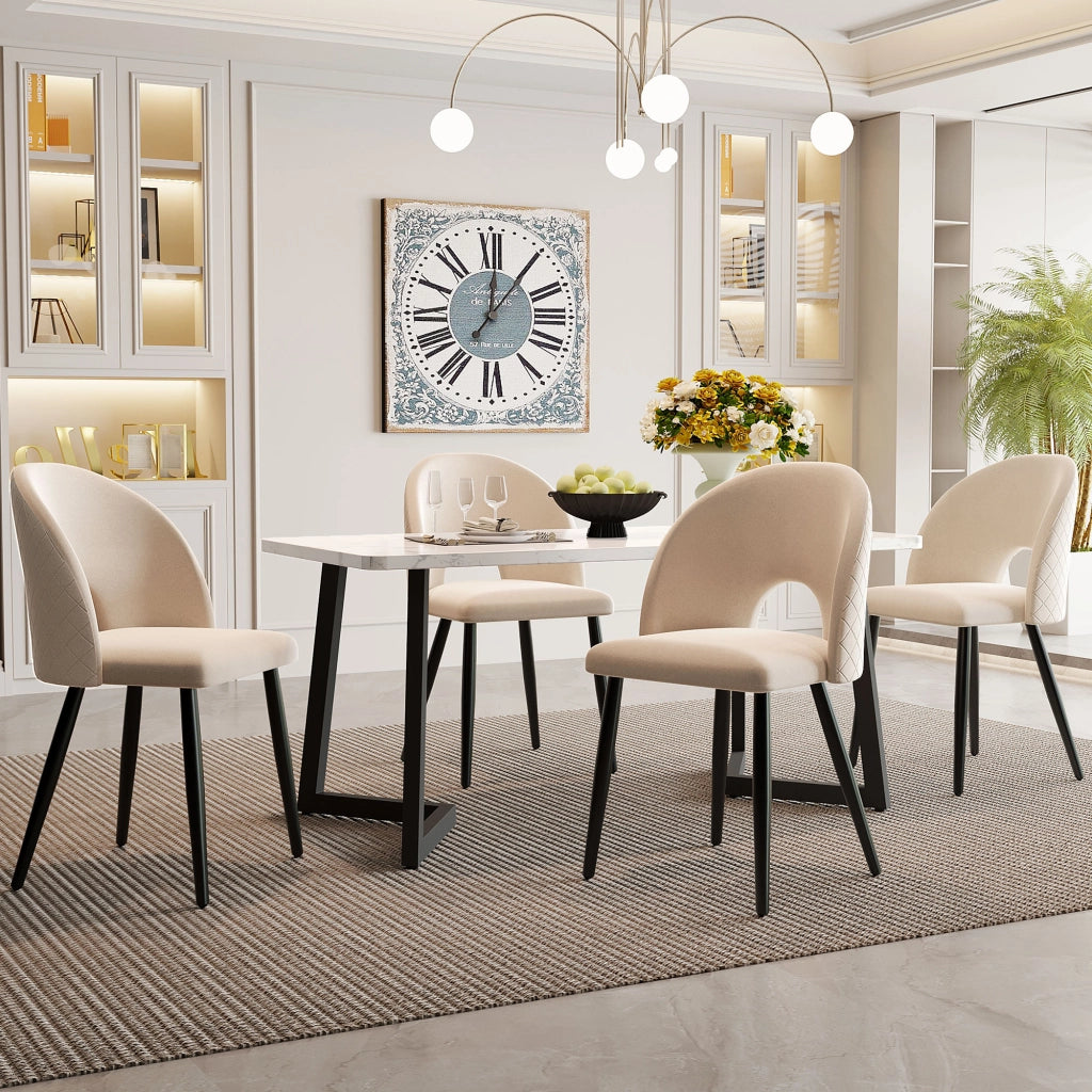 Tavolo da pranzo per 4 persone con 4 sedie in velluto, gambe regolabili, beige, 117 × 68 × 75 cm