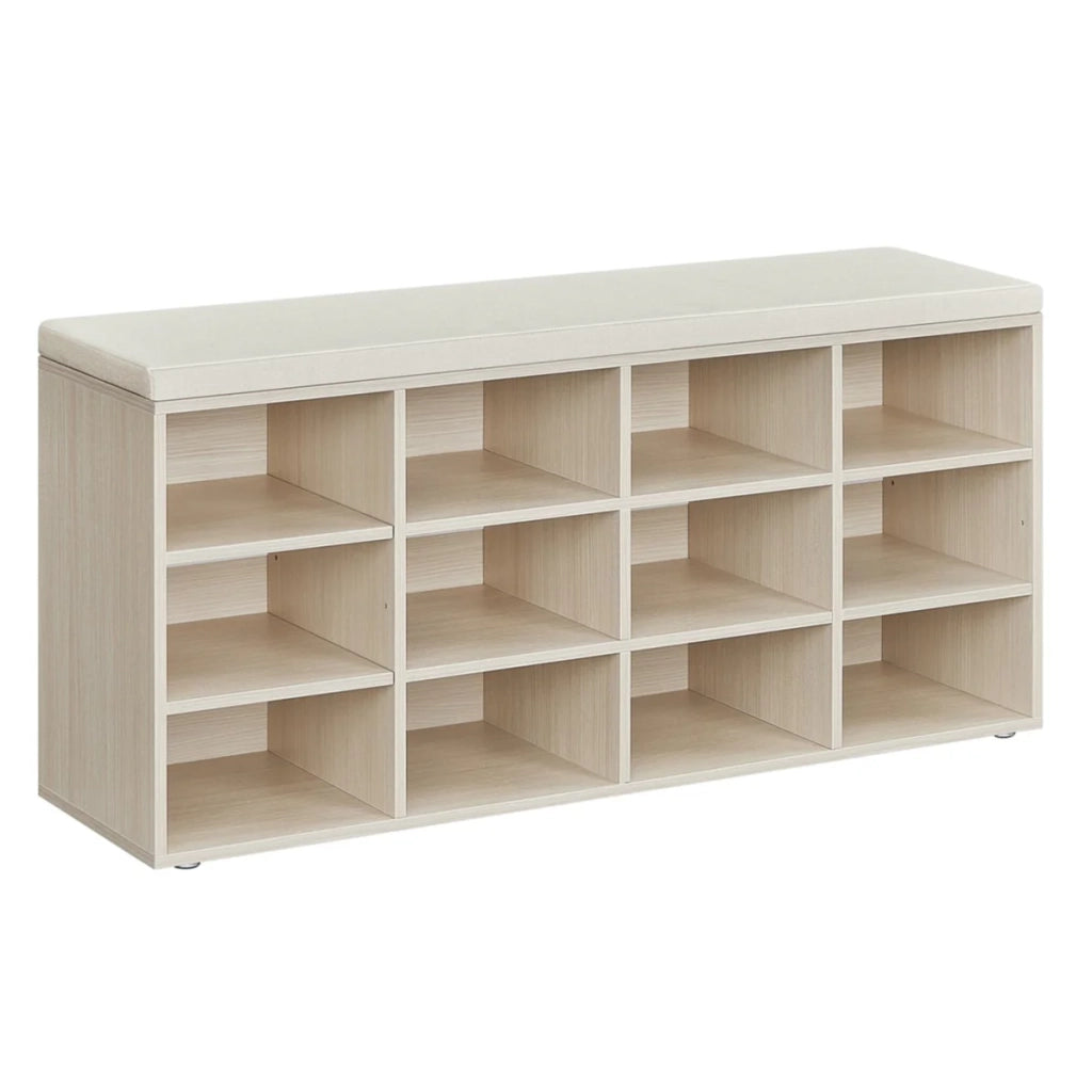 Panca portascarpe 303 x 785 x 48 cm mobile da ingresso con seduta scarpiera con cuscino e 9 ripiani regolabili per corridoio soggiorno beige 12_0004100