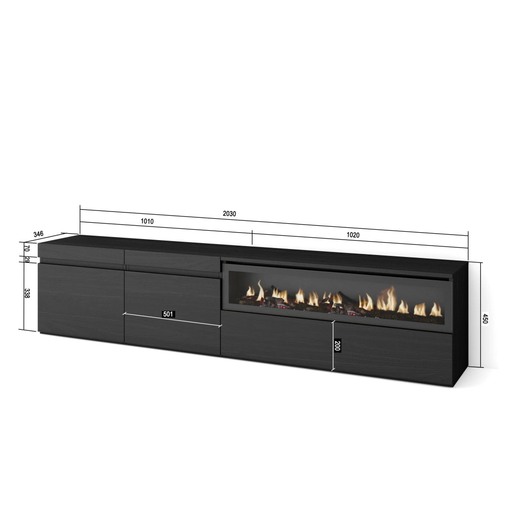 Mobile TV, 200x35x45cm, soggiorno, Per TV fino a 80", Camino elettrico, Nero RF2193