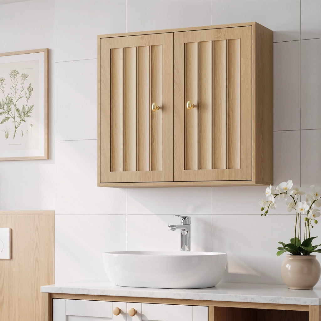 Mobile bagno pensile a 2 ante con design a scanalature verticali, colore rovere