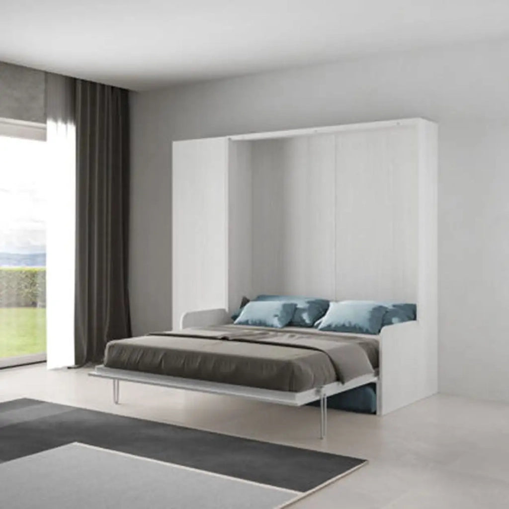 Letto matrimoniale a scomparsa 160 Kentaro con divano e colonna bianco frassino, azzurro