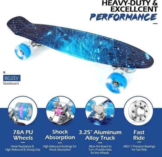 Skateboard Minicruiser 22 x 6 pollici per Bambini e Adolescenti - Skateboard per Principianti con Ruote Ibride e Kit di Assemblaggio - Blu
