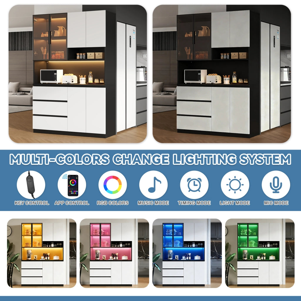 Credenza alta con LED, 6 ante, 3 cassetti e ripiani, per cucina e sala da pranzo, bianco e nero, 120.5 × 40 × 180 cm