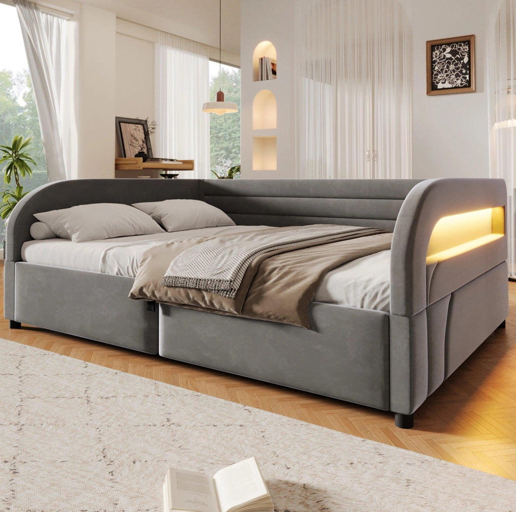 Letto imbottito 140x200 cm con contenitore idraulico e LED; grigio