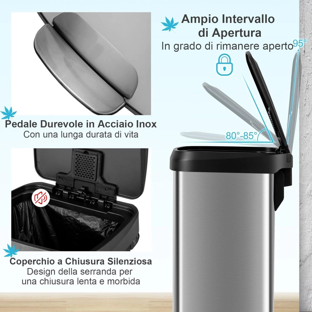 Bidone per Pattumiera da 50 L, Pattumiera da Cucina con Pedale, Coperchio e Scomparto Deodorante, Ideale per Casa Ufficio (50L, Argento)