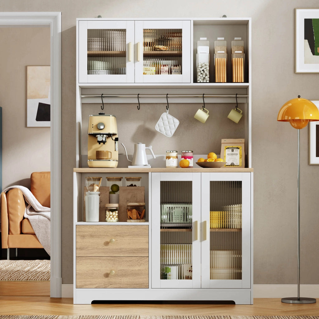 Credenza alta da cucina con LED, prese USB e ante in vetro temperato, bianco effetto legno, 110x40x178 cm
